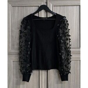 Almost Famous All Black Womans LS Pullover Shirt Flying Butterflies SzL